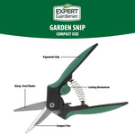 Product feature graphic showing Expert Gardener garden snip with labeled ergonomic grip and locking mechanism