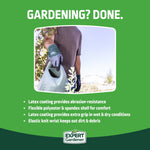 Green product panel reading Gardening? Done. with photo of person wearing Expert Gardener gloves and feature bullets