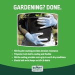Green infographic panel with hands wearing Expert Gardener gloves holding a plant and product feature bullet list