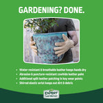 Green product panel titled 'GARDENING? DONE.' with a photo of hands in Expert Gardener gloves holding a large decorative pot and feature bullet points below.