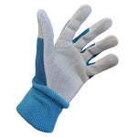 Angled palm view of a single leather gardening glove showing textured palm and blue canvas side panel