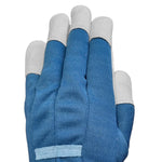 Close-up of the back of a blue Expert Gardener glove showing canvas back and light leather fingertip reinforcements