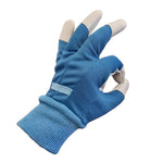 Blue Expert Gardener glove shown from the back with fingers partially bent, knit wrist and leather tips visible
