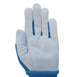 Palm-side view of a light leather Expert Gardener glove with blue trim and knit wrist cuff