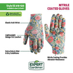 Graphic product callout showing Expert Gardener nitrile coated gloves with labeled features like elastic knit wrist and extra grip