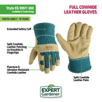 Graphic product diagram of teal-and-tan gloves with arrows pointing to features and ‘Full Cowhide Leather Gloves’ headline.