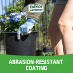 Lifestyle photo of gloved hand holding a potted plant with Expert Gardener logo and abrasion-resistant text