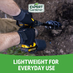 Lifestyle image of hands wearing Expert Gardener gloves using a power auger in soil, brand logo above and text below