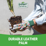 Person wearing floral gardening gloves holding a potted plant with Expert Gardener logo and durable leather palm text