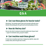 Q&A style product panel with Expert Gardener logo and text answering common questions about use, sizing, and care of the gloves.