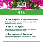 Q&A style product card for Expert Gardener gloves with floral header and text answering common questions
