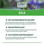 Q&A style product information card for Expert Gardener gloves with logo and answers about use, sizing, and washing