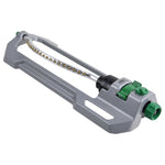 Gray and green oscillating lawn sprinkler with metal spray bar and multiple nozzles on white background.