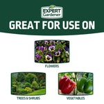Graphic titled “Great for Use On” with Expert Gardener logo and photos labeled flowers, trees & shrubs, and vegetables.
