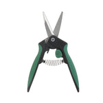 Close-up studio photo of green-and-black gardening snips with open stainless blades