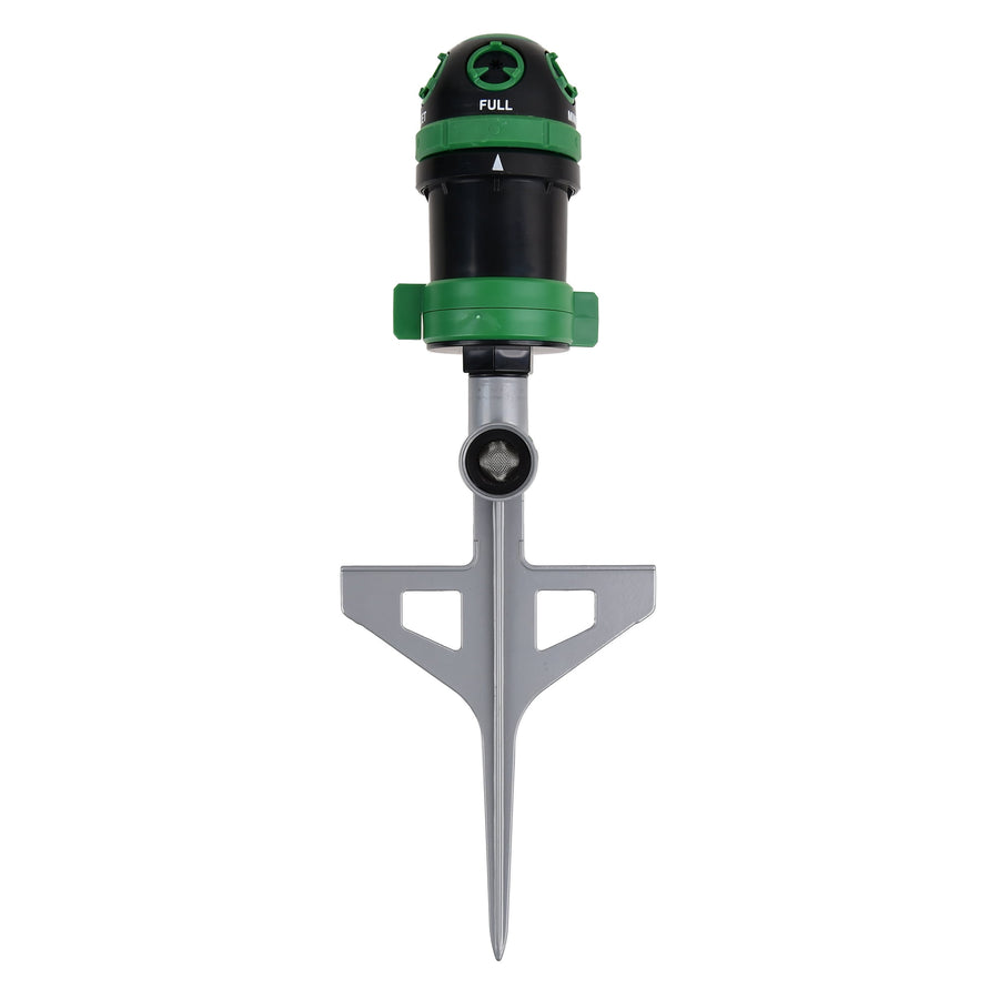 Green and black spike-mounted pulsating lawn sprinkler shown head-on on white background
