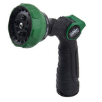 Black and green thumb-control garden hose nozzle angled to show textured grip and multi-pattern head