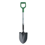 Full-length Expert Gardener digging shovel with green D-handle and metal blade on white background