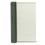 Rolled green plastic poultry netting with hexagonal mesh partially unrolled against a white background