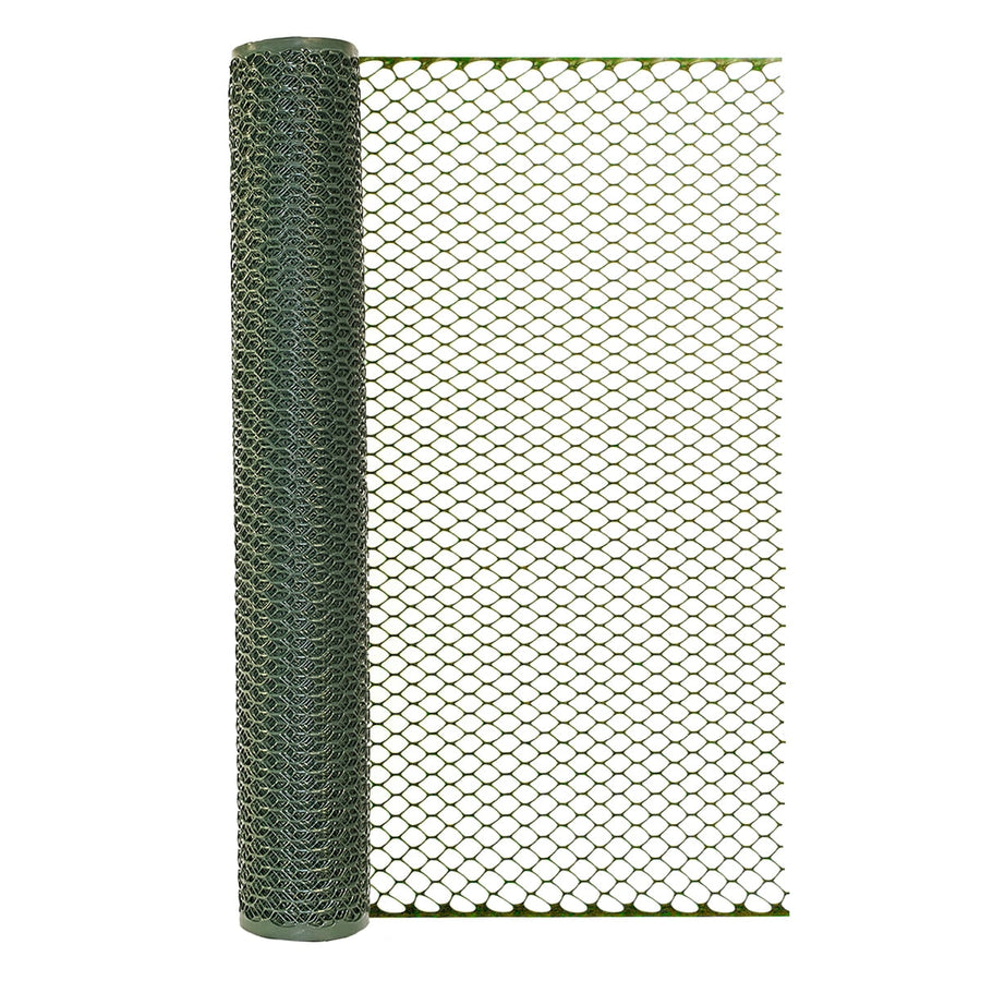 Rolled green plastic poultry netting with hexagonal mesh partially unrolled against a white background