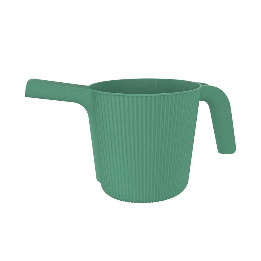 Green ribbed resin watering can with long spout and curved handle on white background, Expert Gardener style.