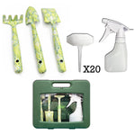 Three patterned green hand tools, plastic plant marker, white spray bottle and green carrying case shown on white background