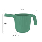 Green ribbed watering can on white background with dimensional arrows and measurements showing width and height.