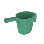 Top-front perspective render of green ribbed resin watering can showing open fill hole, spout and handle.