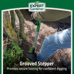 Person using shovel with foot on blade near tree showing grooved stepper and Expert Gardener branding