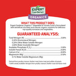 Product back label showing guaranteed analysis and description for Expert Gardener Vegetable & Tomato Food