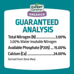 Guaranteed analysis panel for Expert Gardener bone meal listing nitrogen, phosphate and calcium percentages
