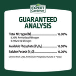 Guaranteed analysis panel for Expert Gardener fertilizer listing total nitrogen, available phosphate and soluble potash percentages.