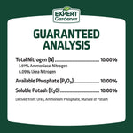 Guaranteed analysis panel listing total nitrogen, available phosphate and soluble potash percentages for Expert Gardener fertilizer