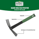 Graphic product label for Expert Gardener hand hoe/cultivator showing ergonomic grip and hanging hole callouts