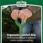 Close-up of hands gripping a green D-handle on an Expert Gardener shovel with ergonomic comfort grip text