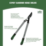 Packaging-style infographic showing Expert Gardener hedge shears with callouts and green header