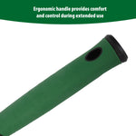 Macro view of the green ergonomic handle of the Expert Gardener hand hoe with hanging hole and textured grip