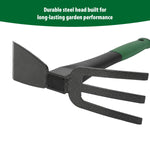 Close-up of the steel head and tines of Expert Gardener hand hoe/cultivator with text about durable steel head