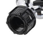 Close-up detail of the black plastic threaded hose adapter and inner threads on a chrome two-way hose connector.