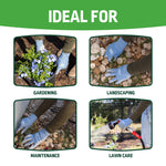 Four small lifestyle images showing gloves used for gardening, landscaping, maintenance and lawn care