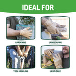 Four-panel layout titled 'Ideal For' showing Expert Gardener gloves used for gardening, landscaping, tool handling, and lawn care.