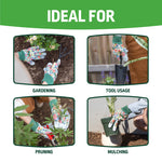 Four small photos showing floral gloves used for gardening, tool usage, pruning, and mulching under 'Ideal For' heading