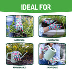 Infographic titled 'Ideal For' with four photos of Expert Gardener floral gloves used for gardening, landscaping, maintenance and lawn care