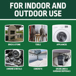 Green infographic panel showing 'For indoor and outdoor use' with six pictogram photos like tools, appliances, concrete, chrome