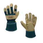 Pair of teal-and-tan kids gardening gloves with leather palms and extended cuffs on a white background.