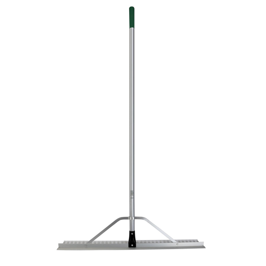 Full-length Expert Gardener landscaping rake with aluminum head and long silver handle on white background