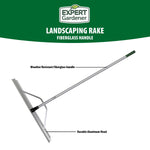Expert Gardener branded infographic of landscaping rake showing fiberglass handle and aluminum head callouts on green header