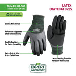 Infographic image of Expert Gardener latex coated gloves with labeled features and logo