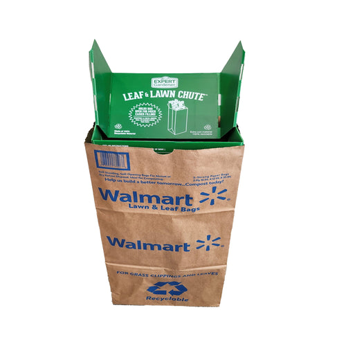 Top view of a green Expert Gardener Leaf & Lawn Chute fitted into a Walmart brown lawn and leaf paper bag