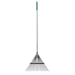 Full-length view of an Expert Gardener leaf rake with a long fiberglass handle and green grip on white background